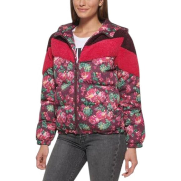LEVI'S WOMEN'S MOLLY SHERPA LINED FLORAL PUFFER JACKET COAT HOODED - Picture 2 of 6